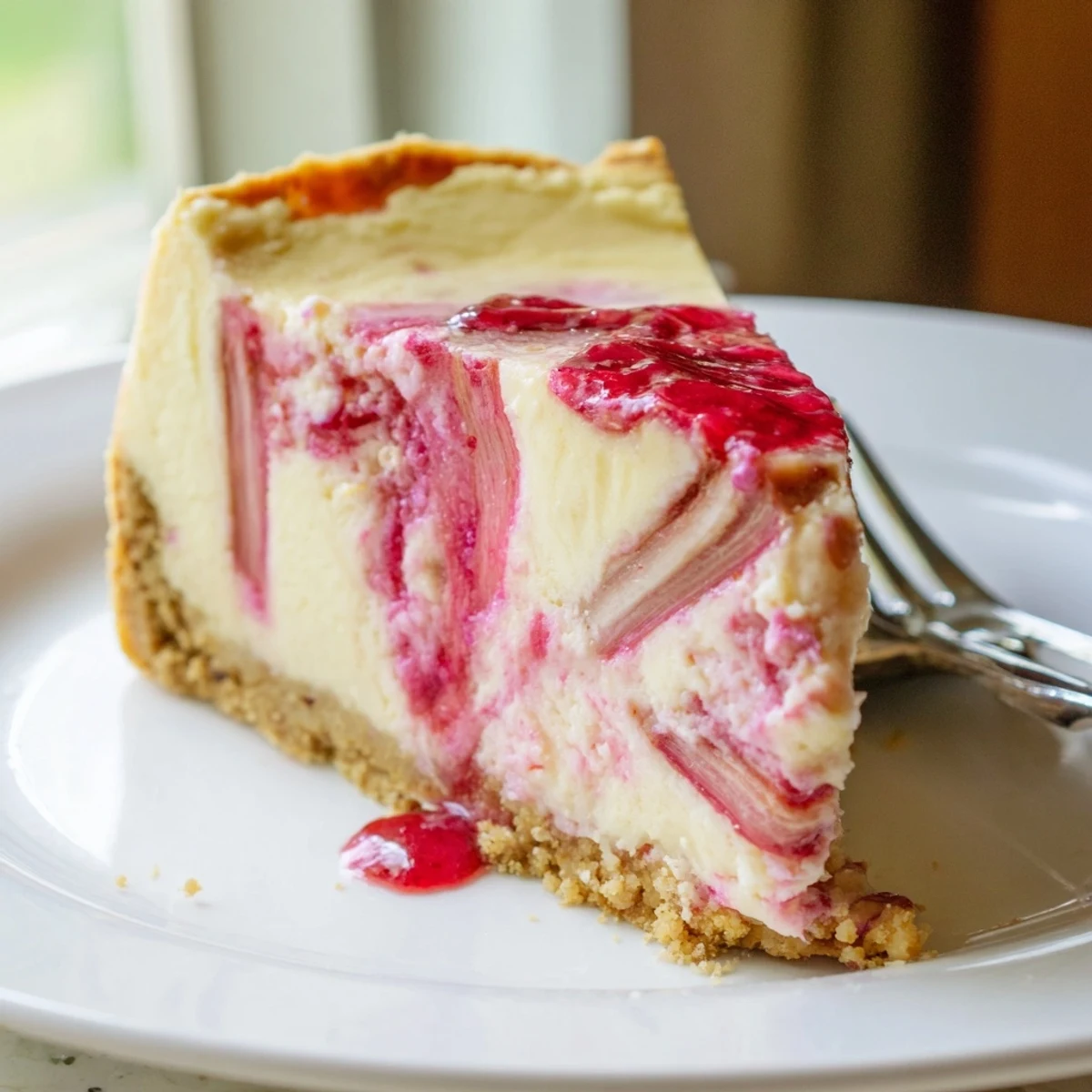 Velvety keto rhubarb cheesecake topped with whipped cream on a almond flour crust