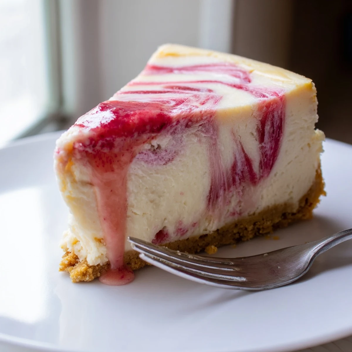 Tangy rhubarb compote ribbons marbled through a silky low-carb cheesecake filling