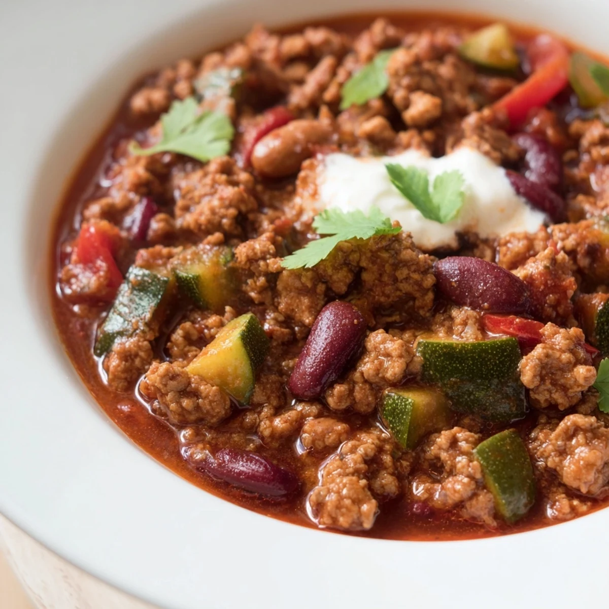 Steaming bowl of diabetic chili recipe topped with fresh cilantro and Greek yogurt