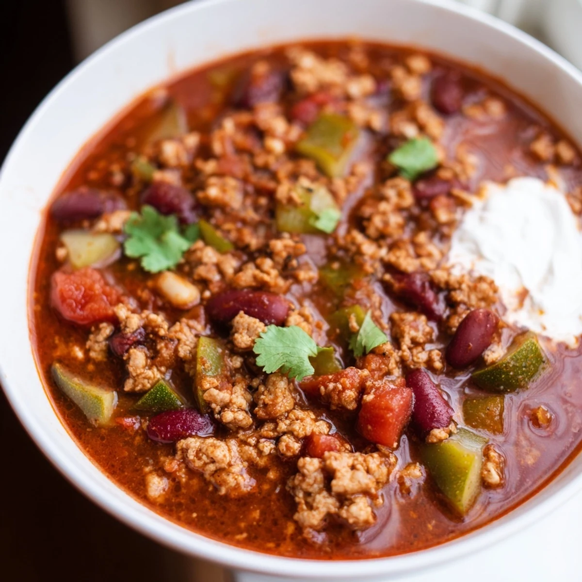 Thick hearty diabetic chili recipe simmering in a Dutch oven with rich tomato broth