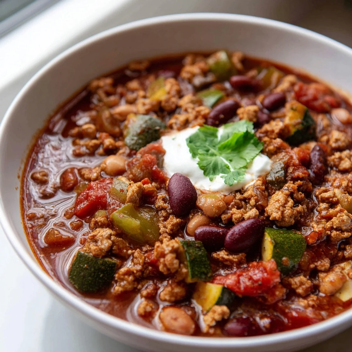 Warm diabetic chili recipe loaded with lean turkey beans and colorful diced vegetables