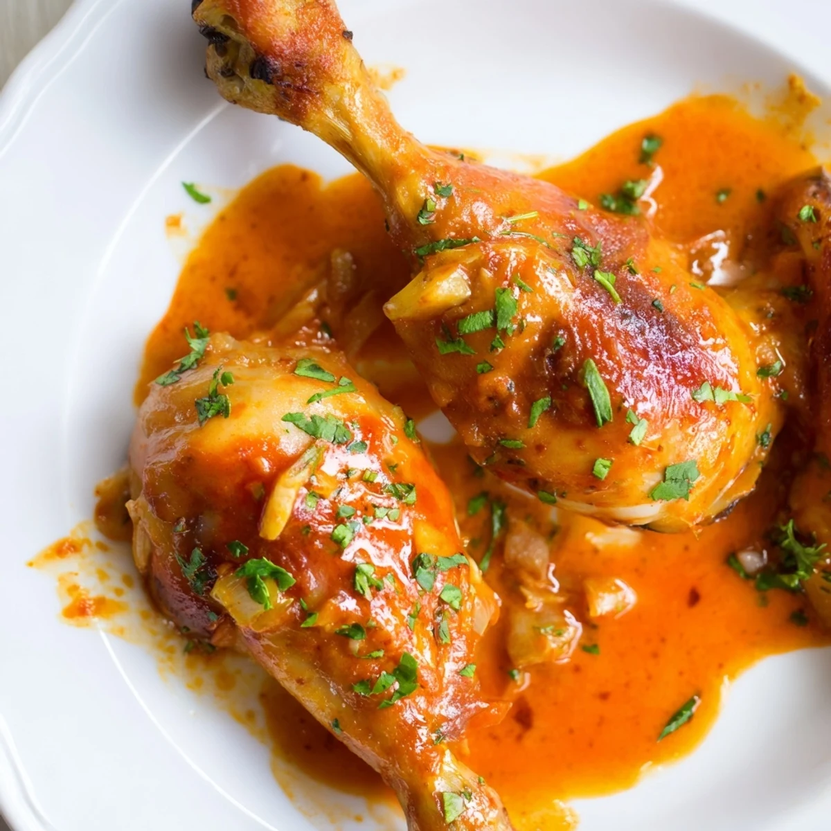 Golden creamy paprika chicken drumsticks in a rich rust-colored sauce, garnished with fresh parsley