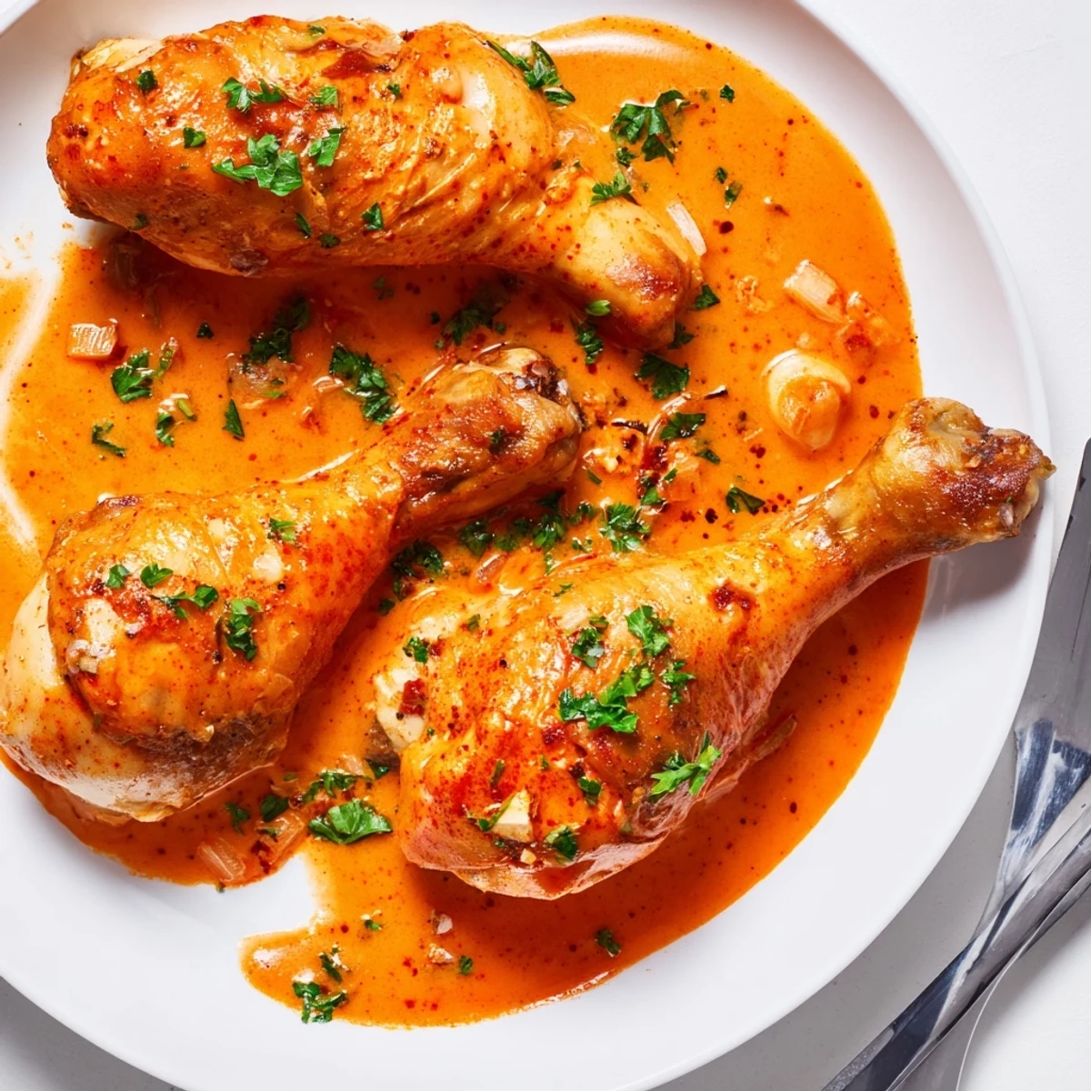 Tender creamy paprika chicken drumsticks plated over mashed potatoes with a spoonful of silky sauce