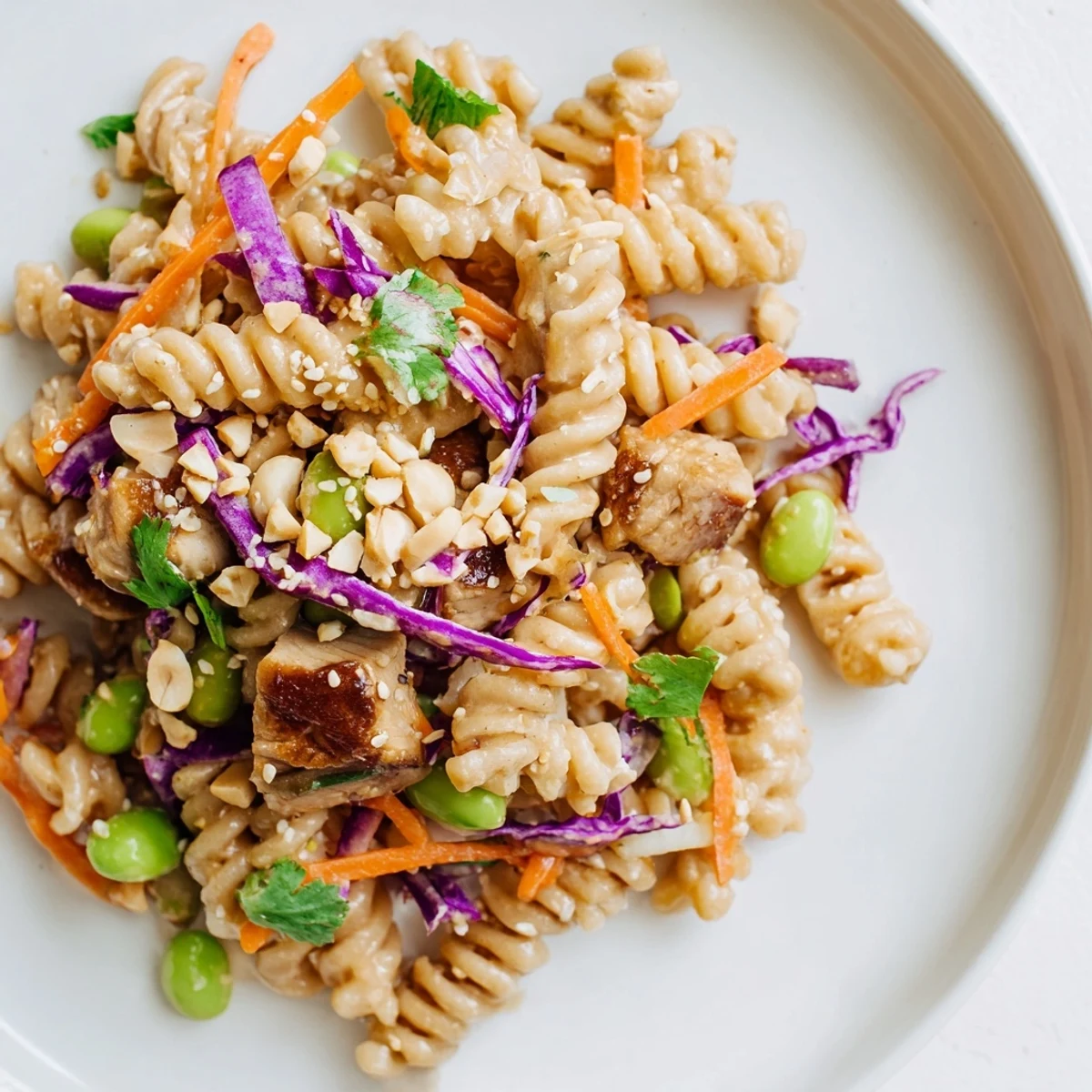 Colorful Protein Packed Thai Pasta Salad tossed in creamy peanut dressing with crunchy vegetables