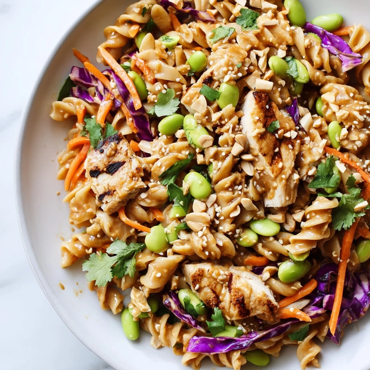 Protein Packed Thai Pasta Salad topped with grilled chicken, edamame, and roasted peanuts