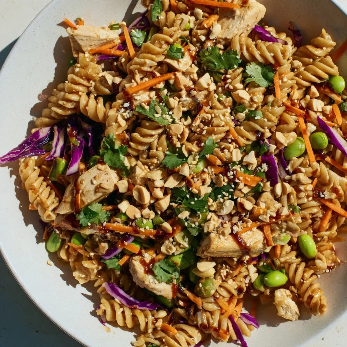 Vibrant Protein Packed Thai Pasta Salad served in a bowl with sesame seed garnish