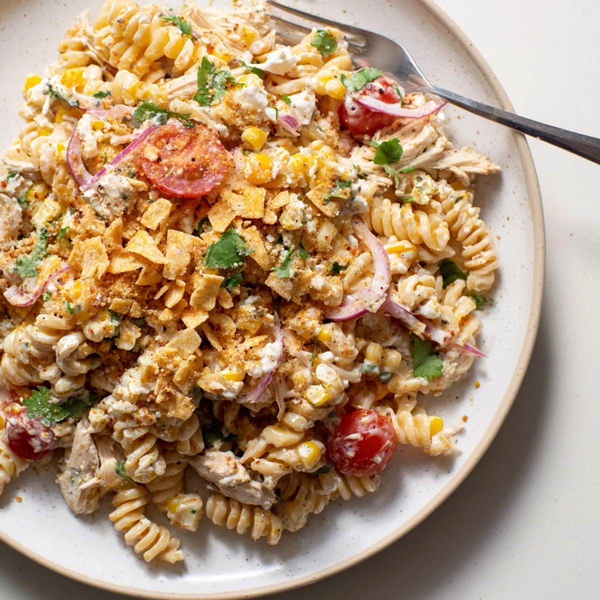 Creamy Mexican street corn chicken pasta salad topped with crunchy crushed tortilla chips