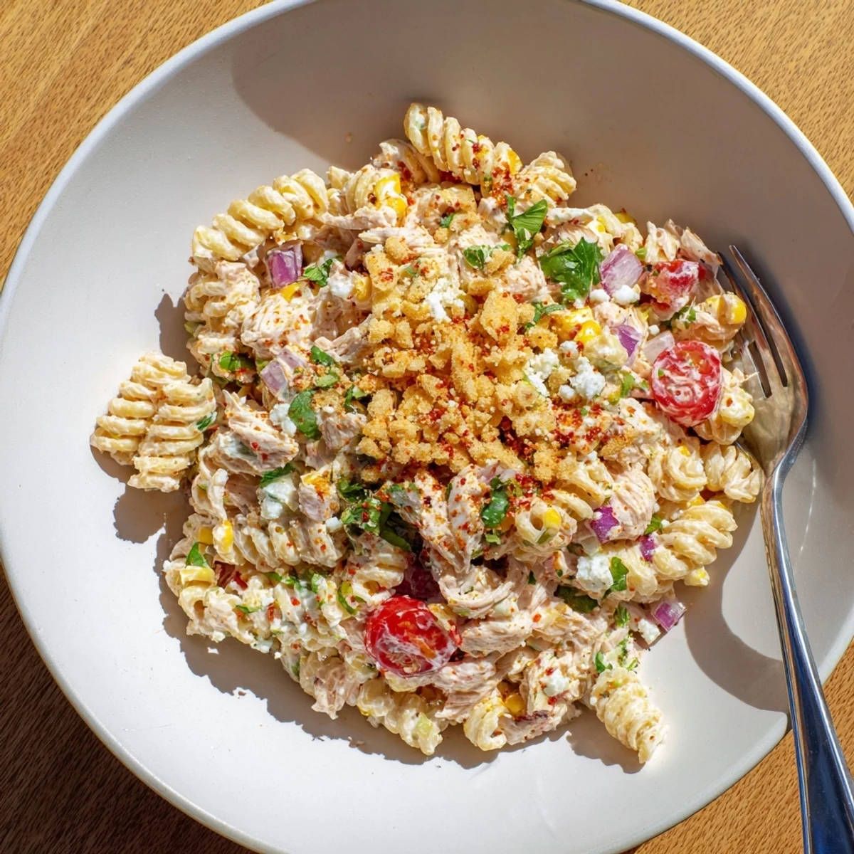 Zesty elote style chicken pasta salad with charred corn tomatoes and cilantro