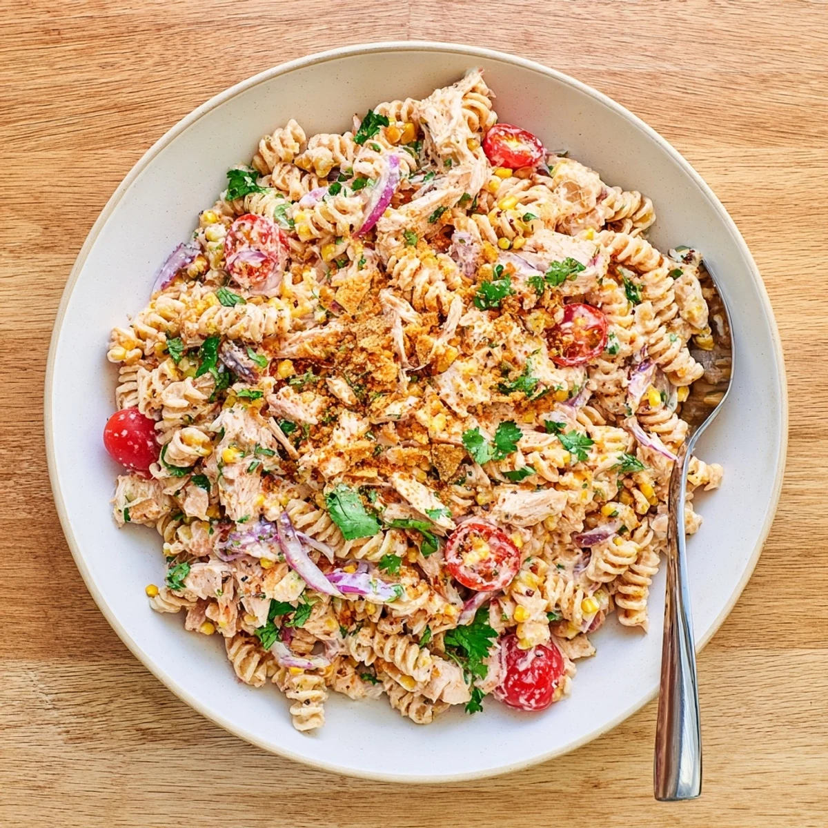 Smoky Mexican street corn chicken pasta salad served in a white bowl with lime