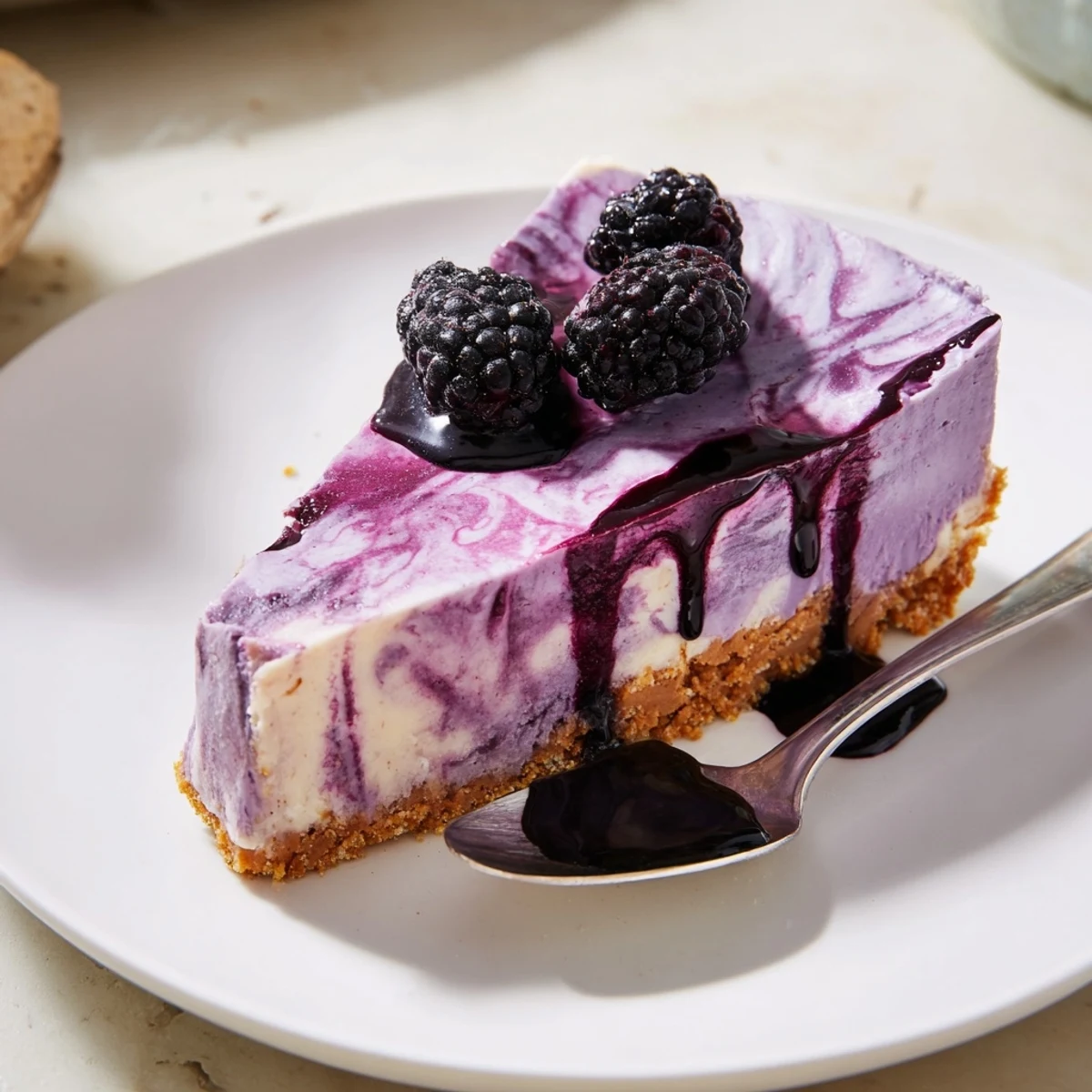 Velvety mini blackberry lavender cheesecakes crowned with fresh berries and buttery crust