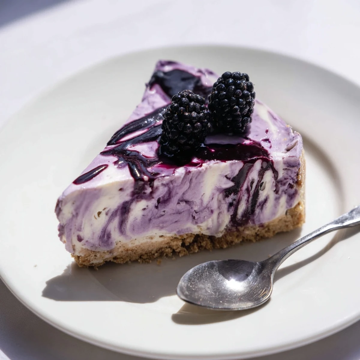 Purple-hued no bake mini blackberry lavender cheesecakes nestled in graham cracker cups