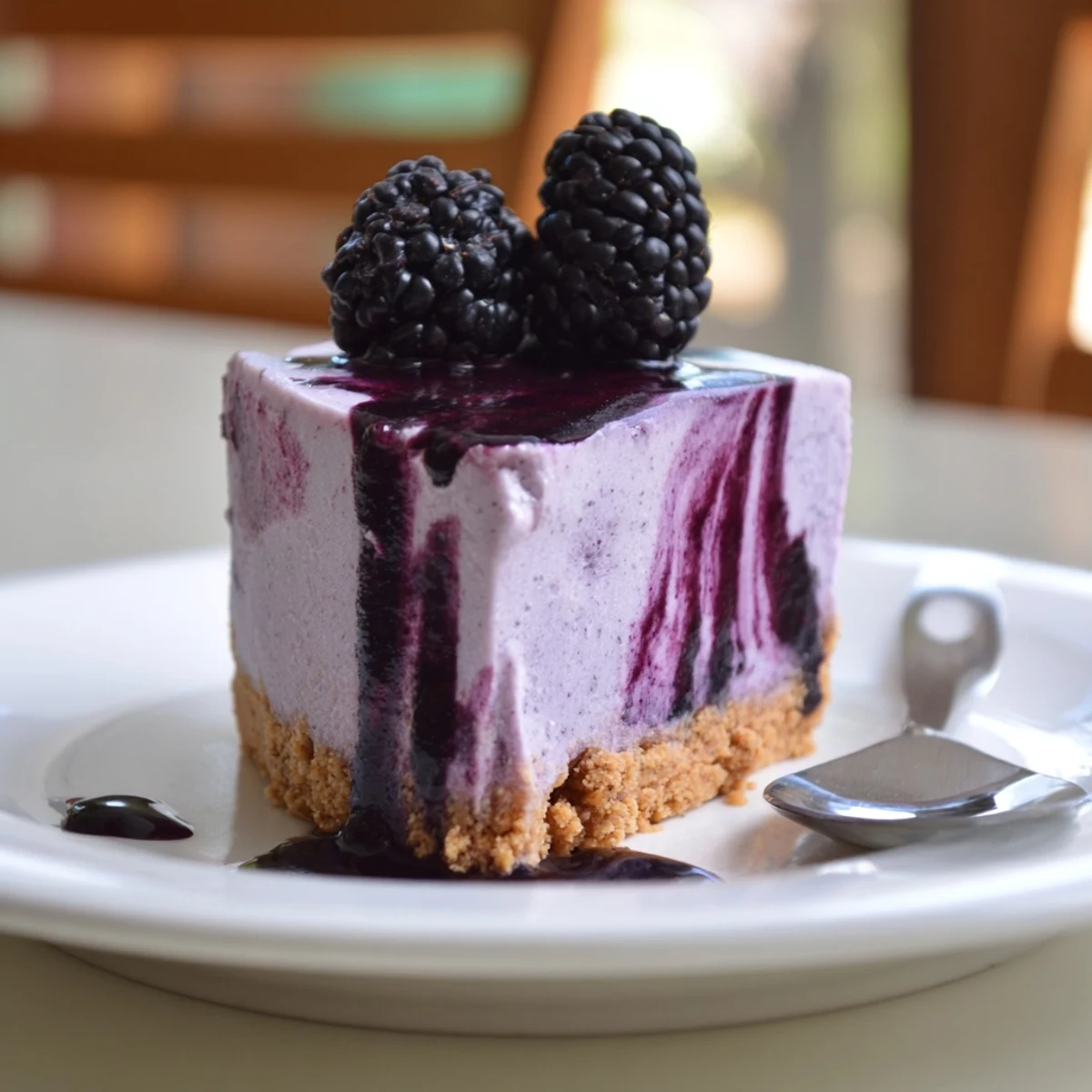 Individual mini blackberry lavender cheesecakes with billowy whipped filling and jewel-toned berry drizzle