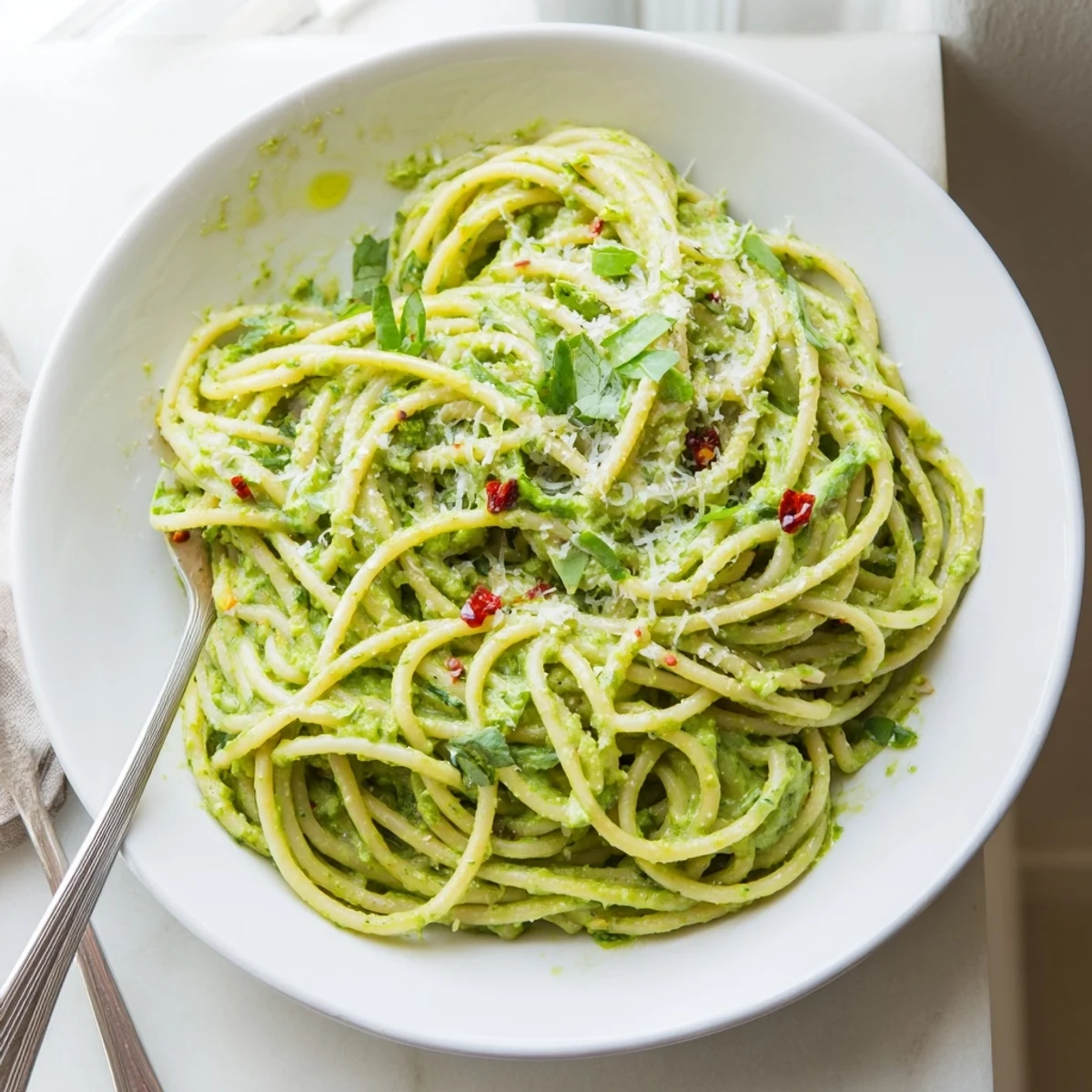 Vibrant green goddess pasta sauce served in a white bowl with basil leaves