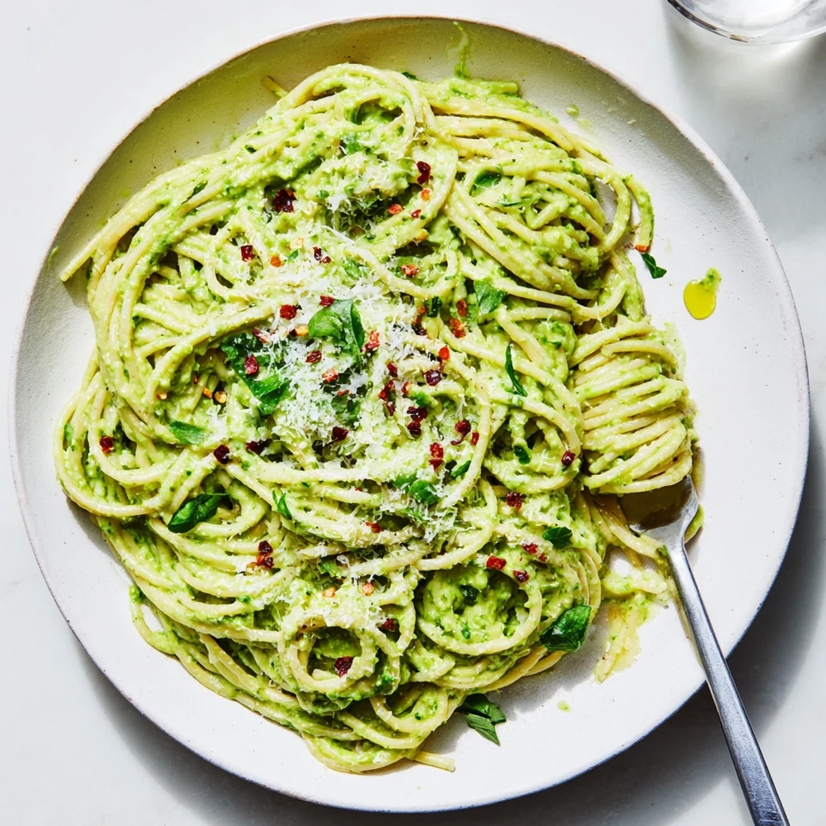 Creamy green goddess pasta sauce coating tender noodles with fresh herb garnish