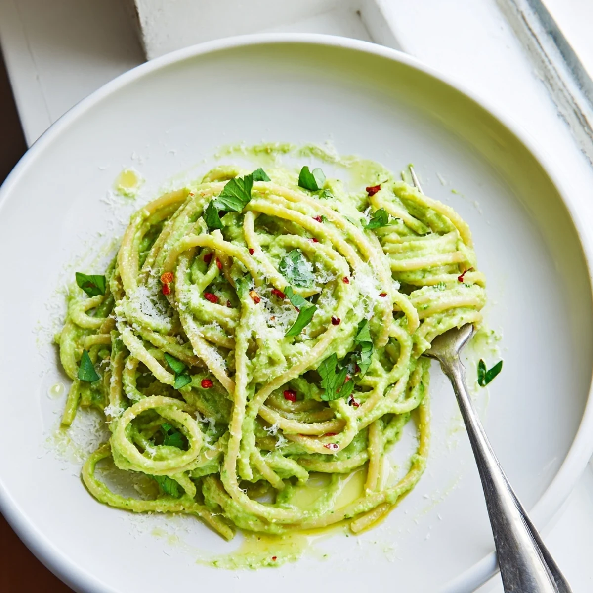 Luscious avocado green goddess pasta sauce tossed with spaghetti and grated Parmesan