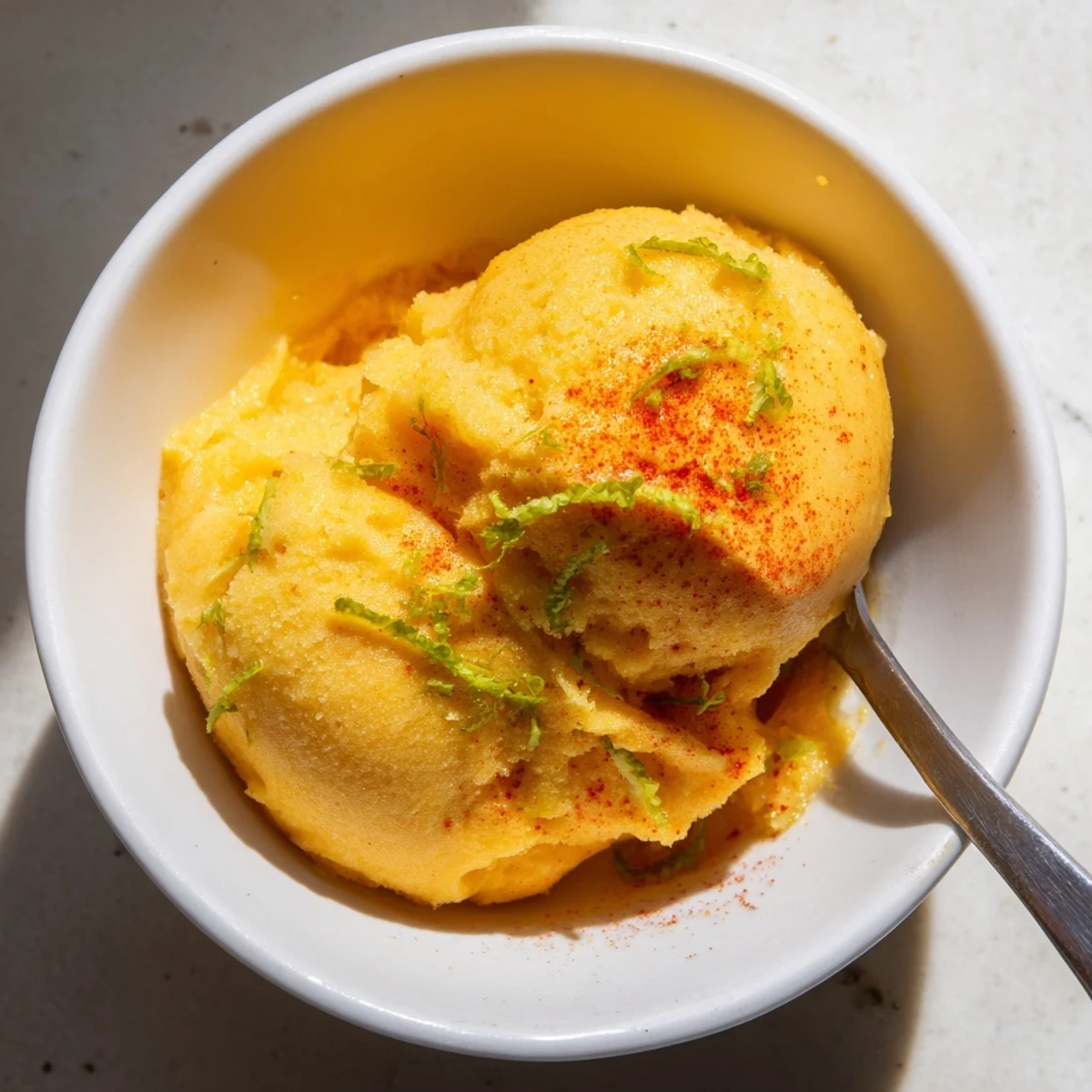 Creamy Chili Lime Mango Sorbet scooped into golden rounds on a rustic wooden board