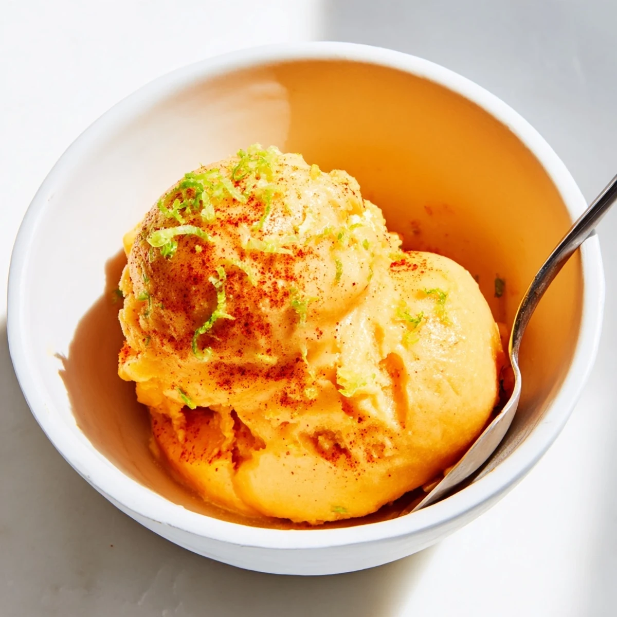 Smooth scoops of Creamy Chili Lime Mango Sorbet topped with fresh lime zest