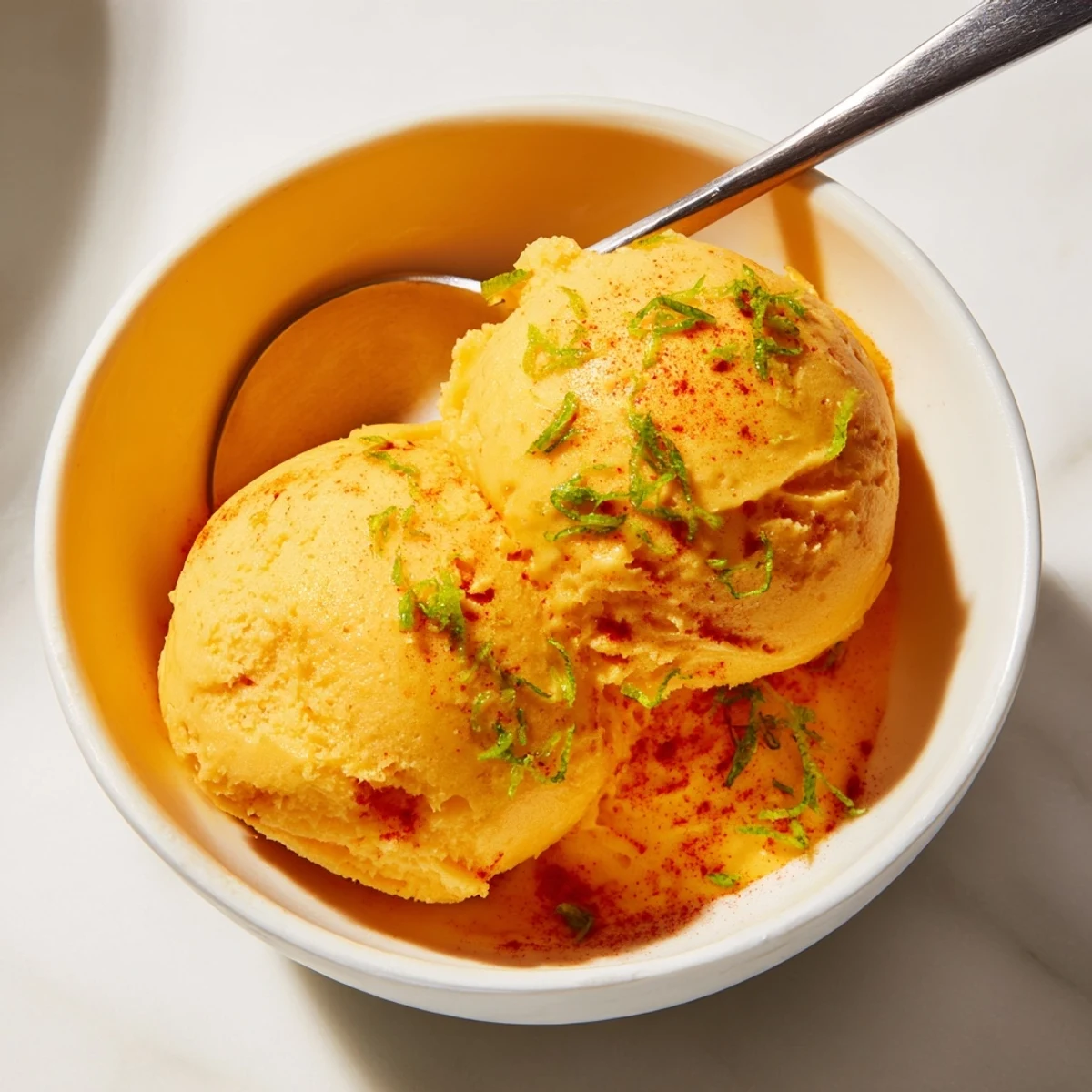 Velvety Creamy Chili Lime Mango Sorbet served in chilled bowls with a chili dusting