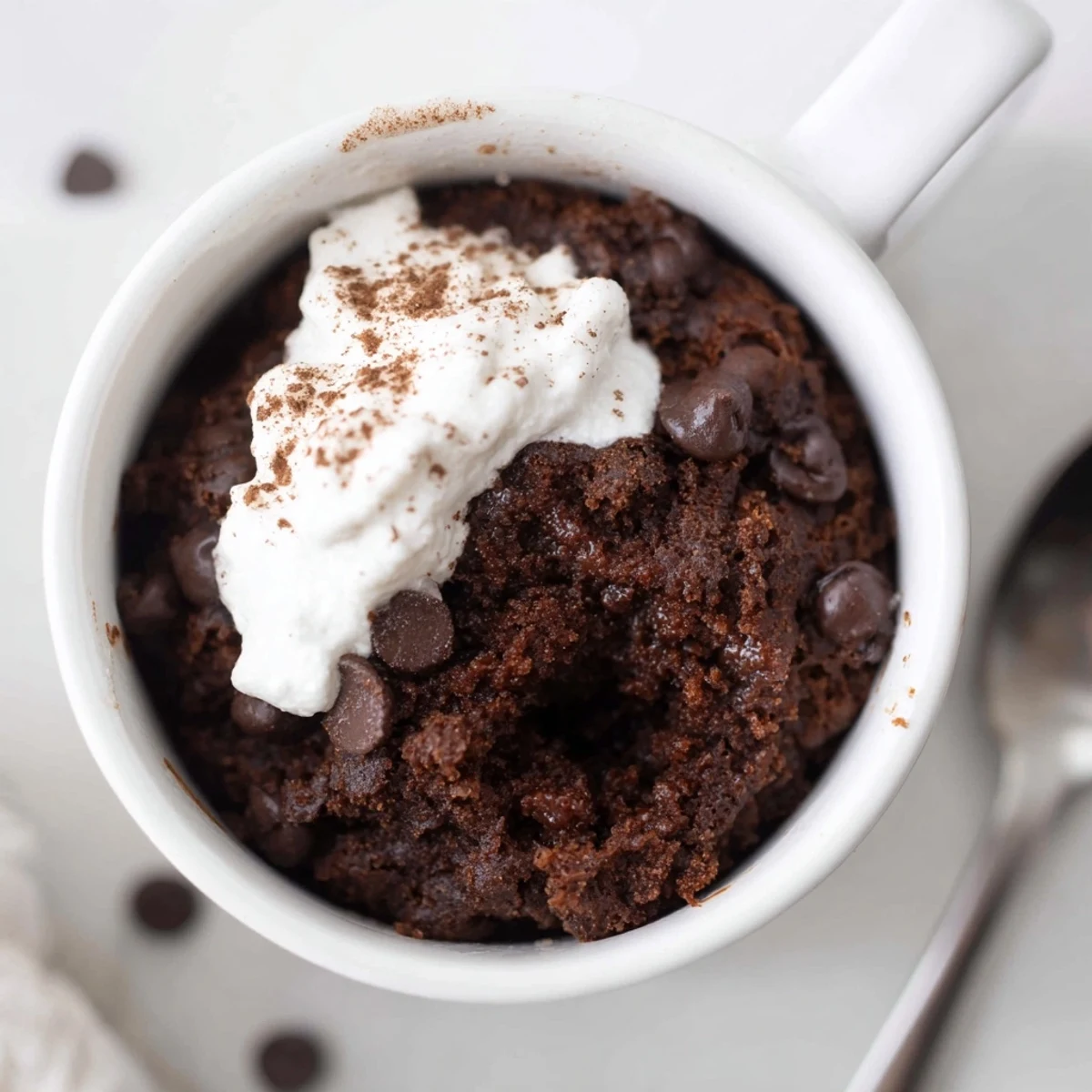 Warm gluten free chocolate mug cake topped with a gooey melted center served in a ceramic mug