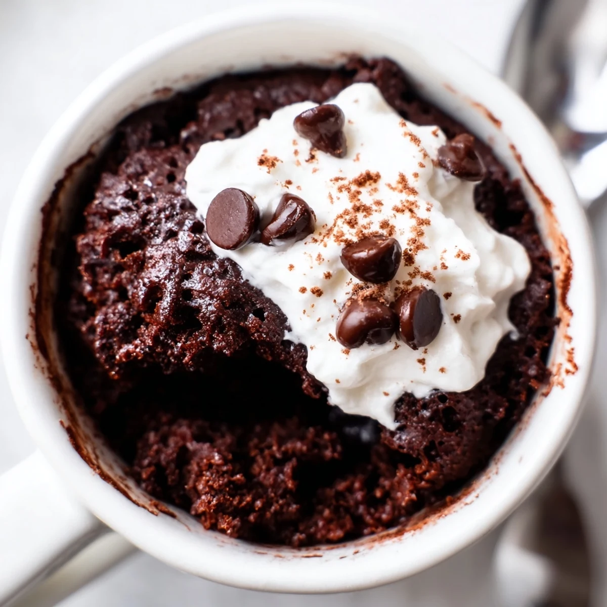 Rich gluten free chocolate mug cake with fudgy texture dusted with cocoa powder in a white mug
