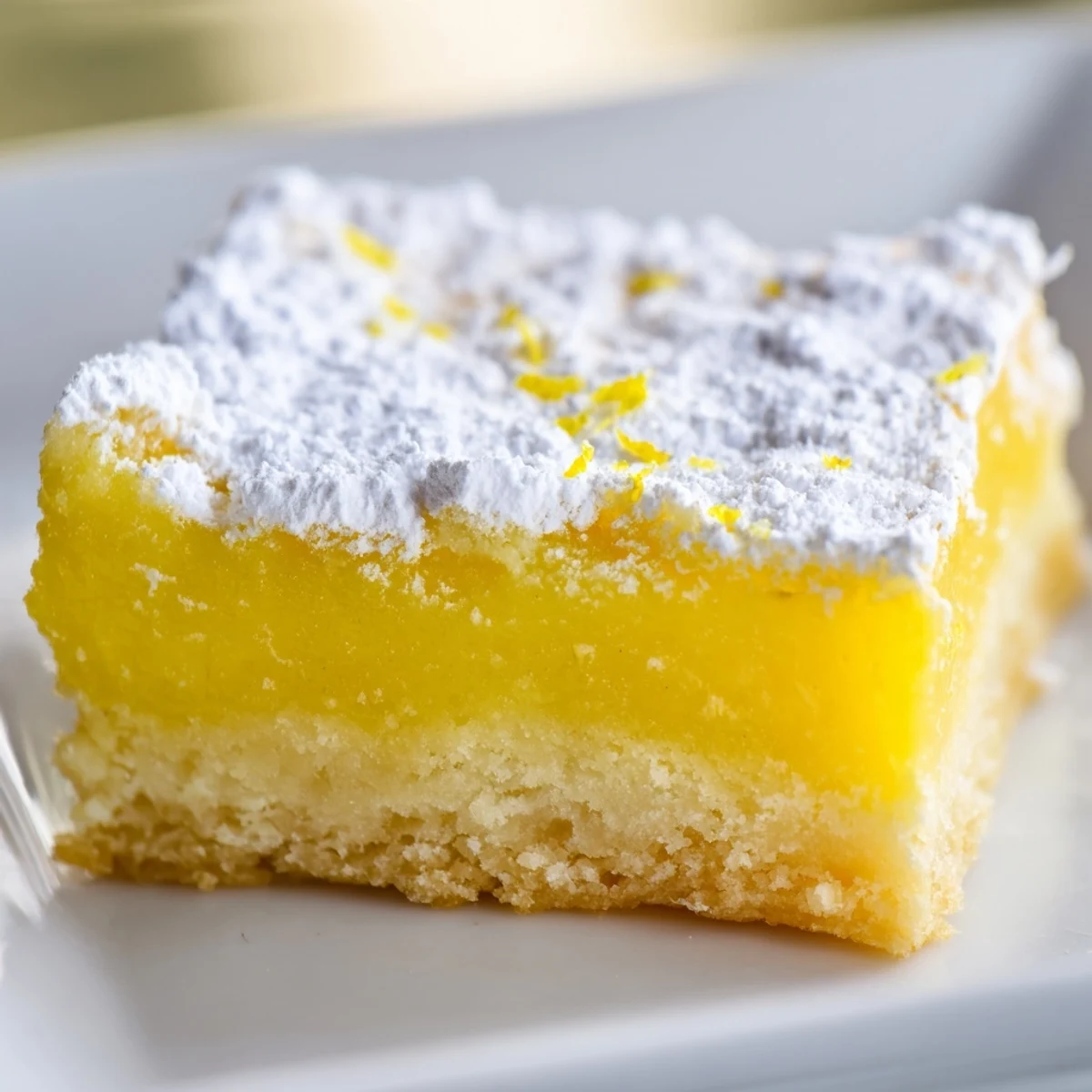 Golden simple lemon bars with powdered sugar on a rustic cutting board