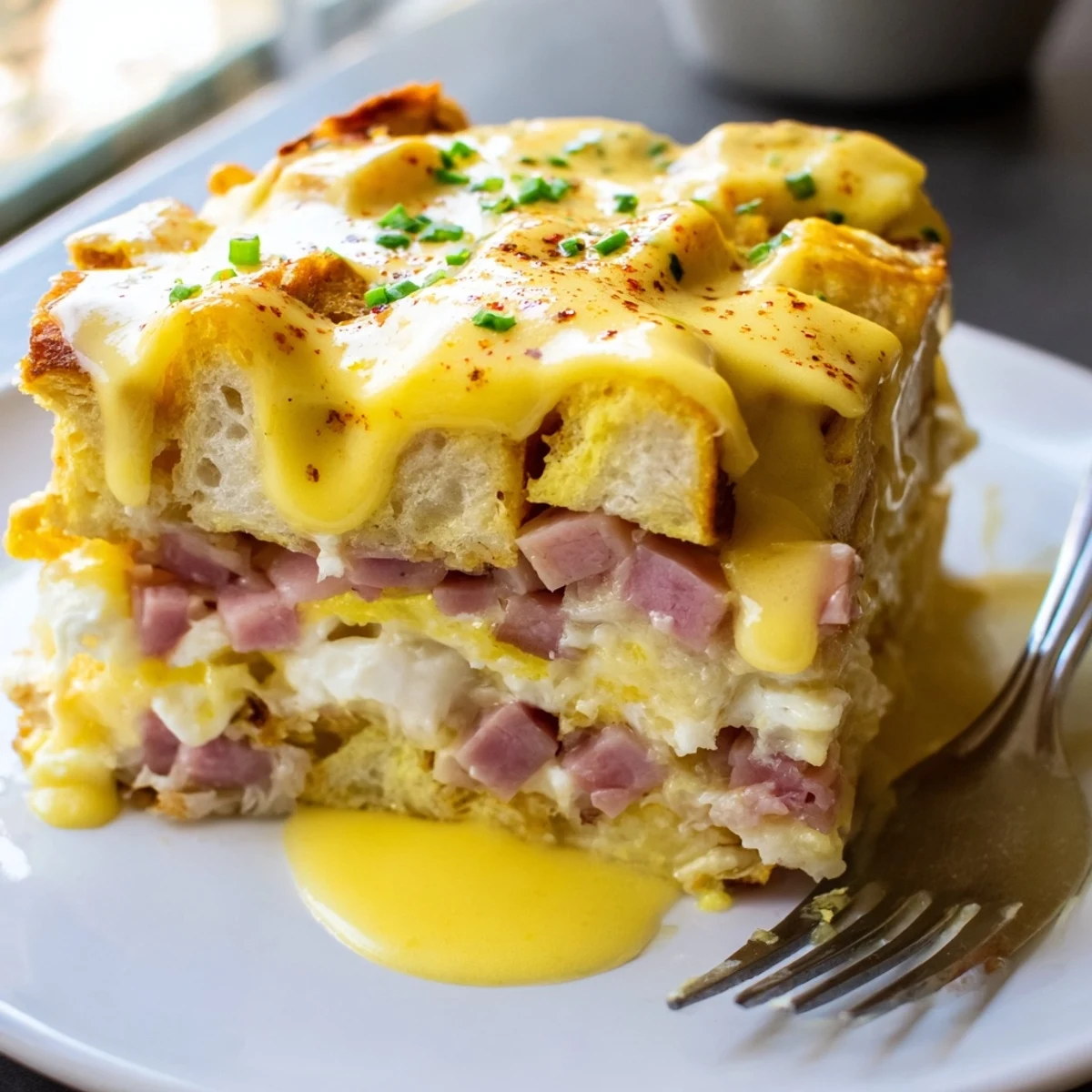 Golden eggs Benedict casserole fresh from the oven drizzled with rich hollandaise sauce