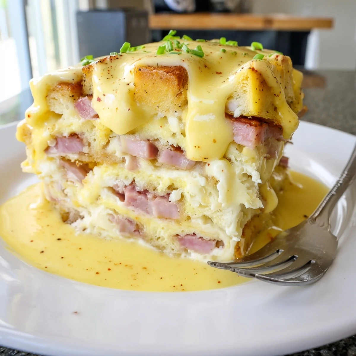 Baked eggs Benedict casserole with Canadian bacon and English muffins in creamy hollandaise