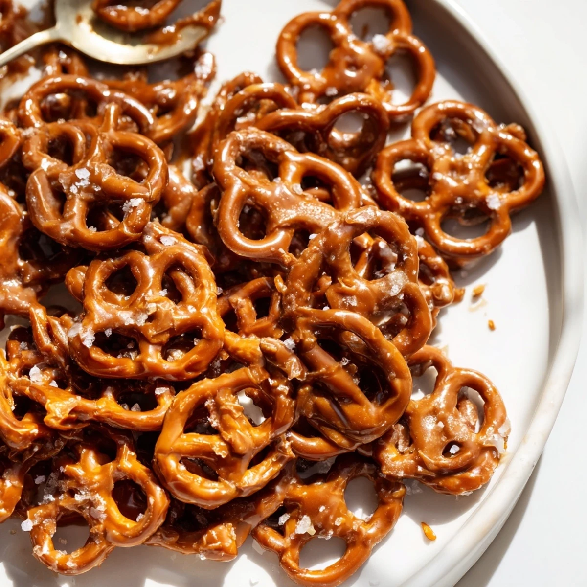 Golden butter toffee pretzels glistening with caramelized coating and flaky sea salt