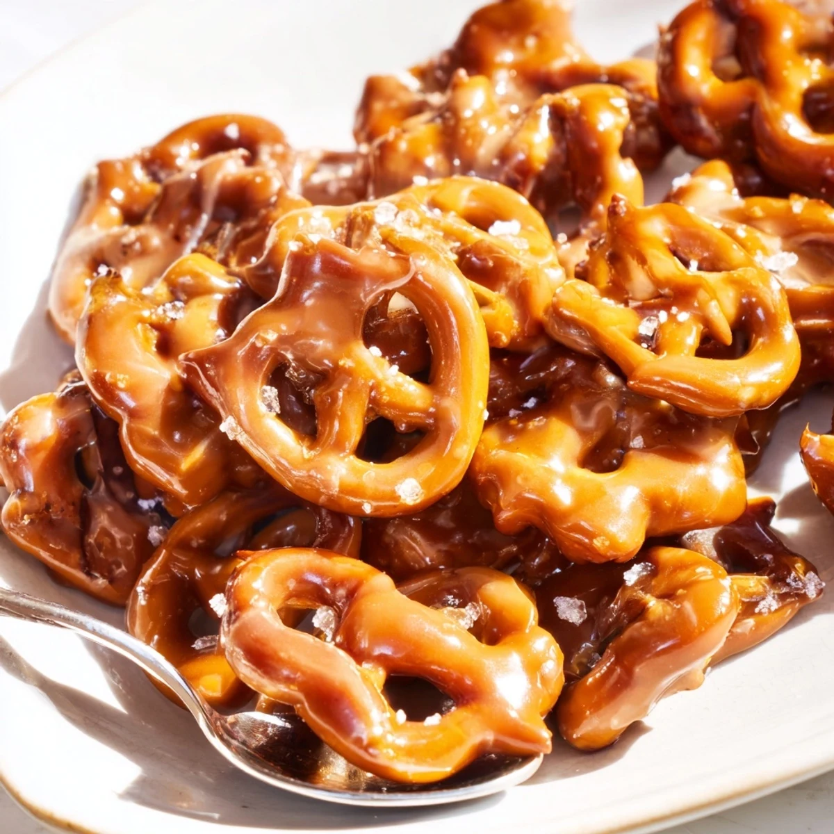 Crunchy butter toffee pretzels spread on a parchment-lined baking sheet fresh from the oven