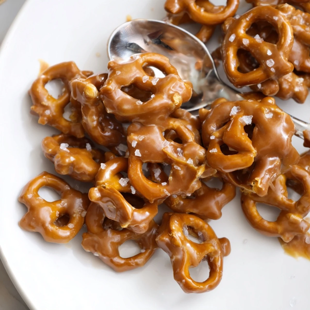 A festive bowl of butter toffee pretzels dusted with sparkling sea salt crystals