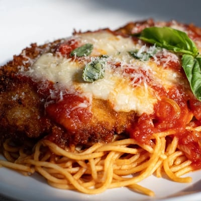 Tender breaded chicken breasts rest atop spaghetti, finished with fresh basil and Parmesan.