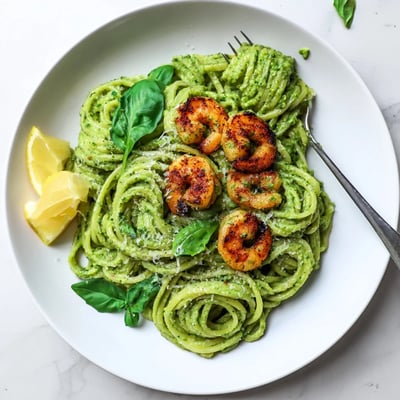 Golden grilled shrimp are piled atop twirled pasta, finished with Parmesan and basil leaves for a vibrant plate. 