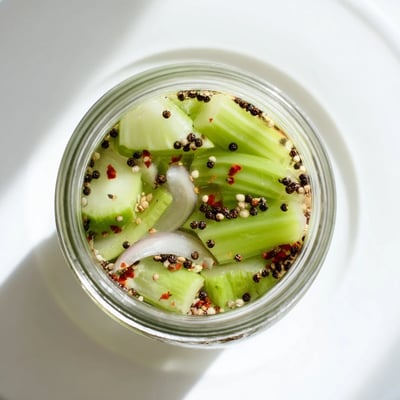 A close-up shows vibrant green Quick Pickled Celery beside fresh salad greens, perfect for sandwiches or snacking.