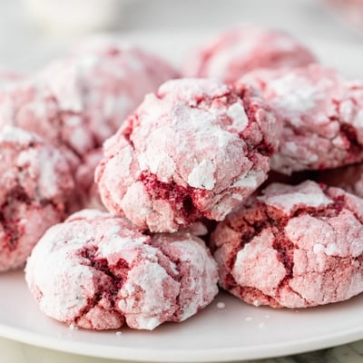 Freshly baked Easy 5 Ingredient Strawberry Crinkle Cookies served with a cold glass of milk.