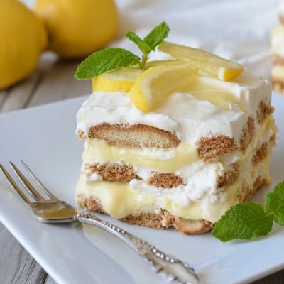 Garnished lemon tiramisu slice with ladyfingers soaked in bright limoncello syrup.