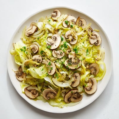 A close-up view of the Vegetarian Cabbage Mushroom Sauté showing tender cabbage and browned mushrooms glistening with olive oil.