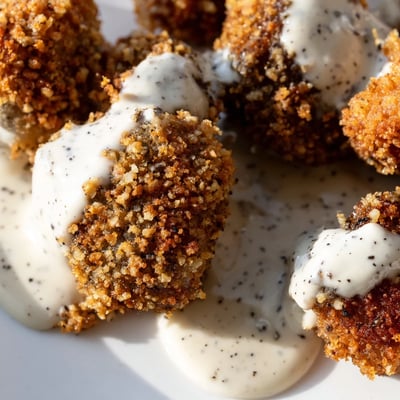 Crispy fried Chicken Fried Mushrooms with Gravy served hot with a biscuit.