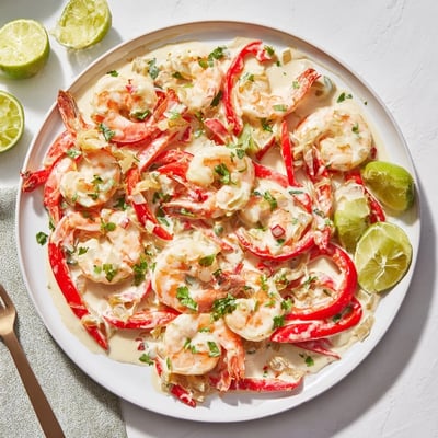 A close-up of Creamy Coconut Shrimp Buffet Style served over fluffy white rice, garnished with green onions.