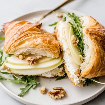 Layered Apple Goat Cheese Croissant Sandwich drizzled with honey, sprinkled walnuts