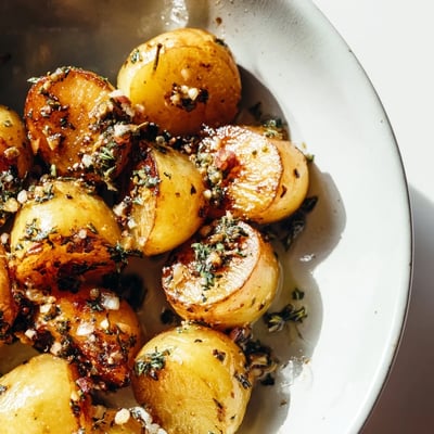 Tender halved radishes roasted to perfection with garlic and herbs on a parchment-lined baking sheet