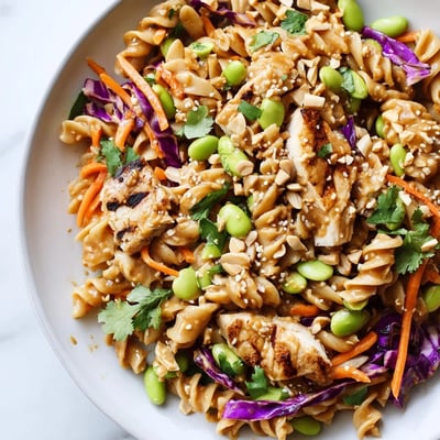 Protein Packed Thai Pasta Salad topped with grilled chicken, edamame, and roasted peanuts