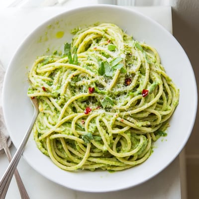Vibrant green goddess pasta sauce served in a white bowl with basil leaves